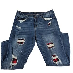 Judy Blue 20W Skinny Fit Distressed Plaid Lace Patch Jeans JB8268DK-PL‎ Medium